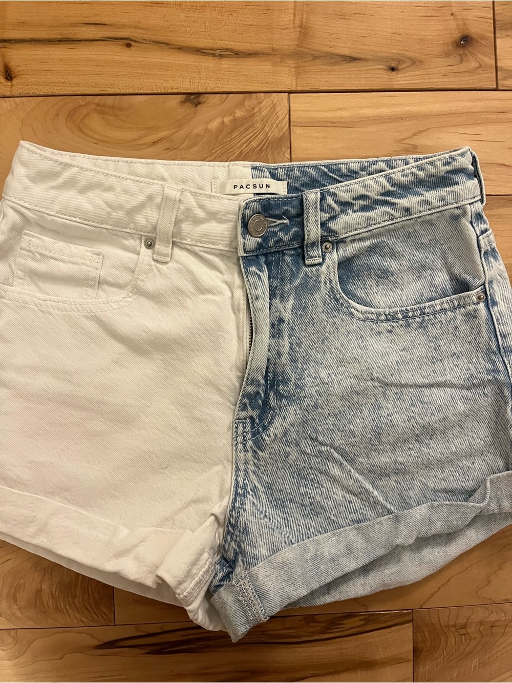 PacSun Two-Tone White and Light Blue Acid Wash Denim Shorts